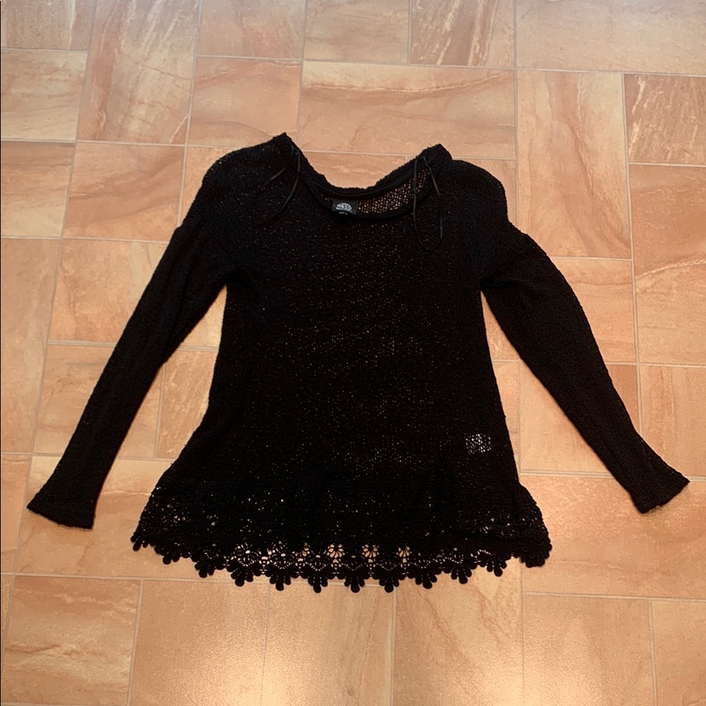 Bobeau Women's Black Crochet Knit Lightweight Long Sleeve Sweater